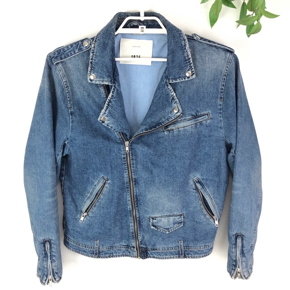 Zara Man 1975 Distressed Denim Zip Up Moto Jacket